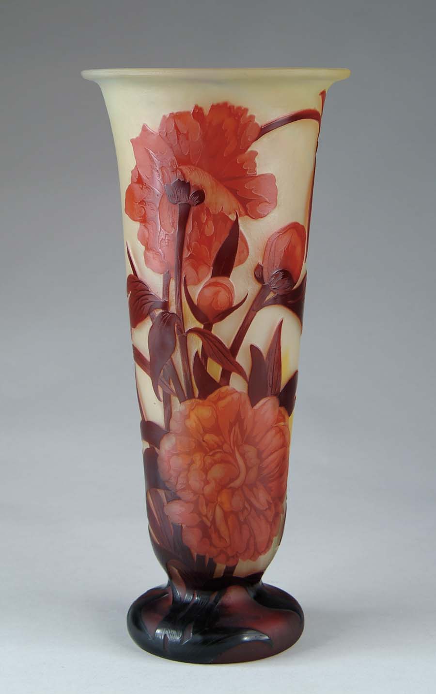 Appraisal: MULLER CARVED PEONY VASE Exquisitely carved French cameo vase depicting