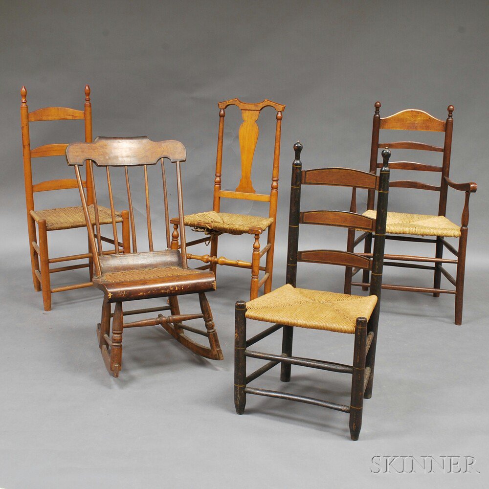 Appraisal: Five Assorted Country Chairs a ladder-back armchair two ladder-back side