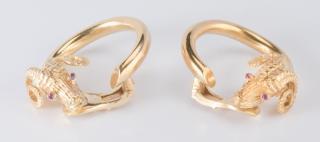 Appraisal: Pair K Ram's Head Hoop Earrings Pair K yellow gold