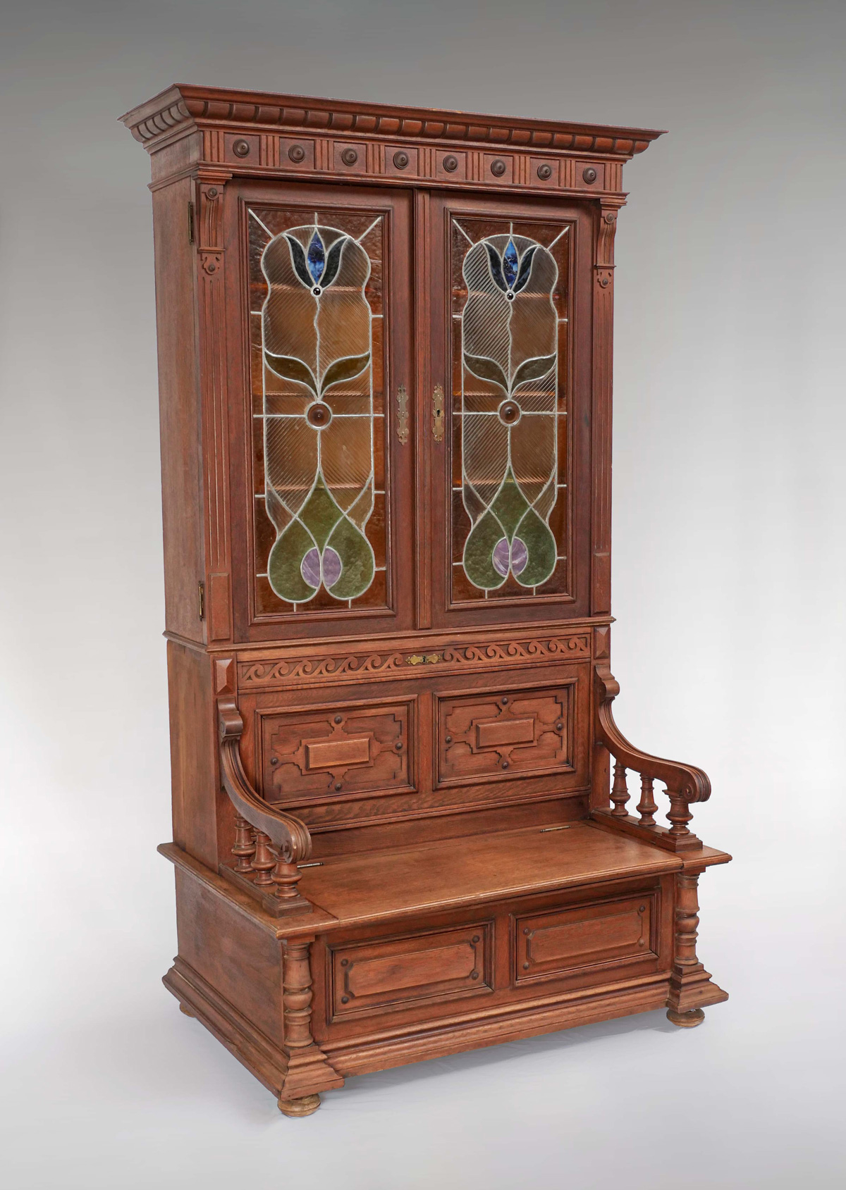 Appraisal: GOLDEN OAK STAINED-GLASS BOOKCASE BENCH Golden Oak bench having an