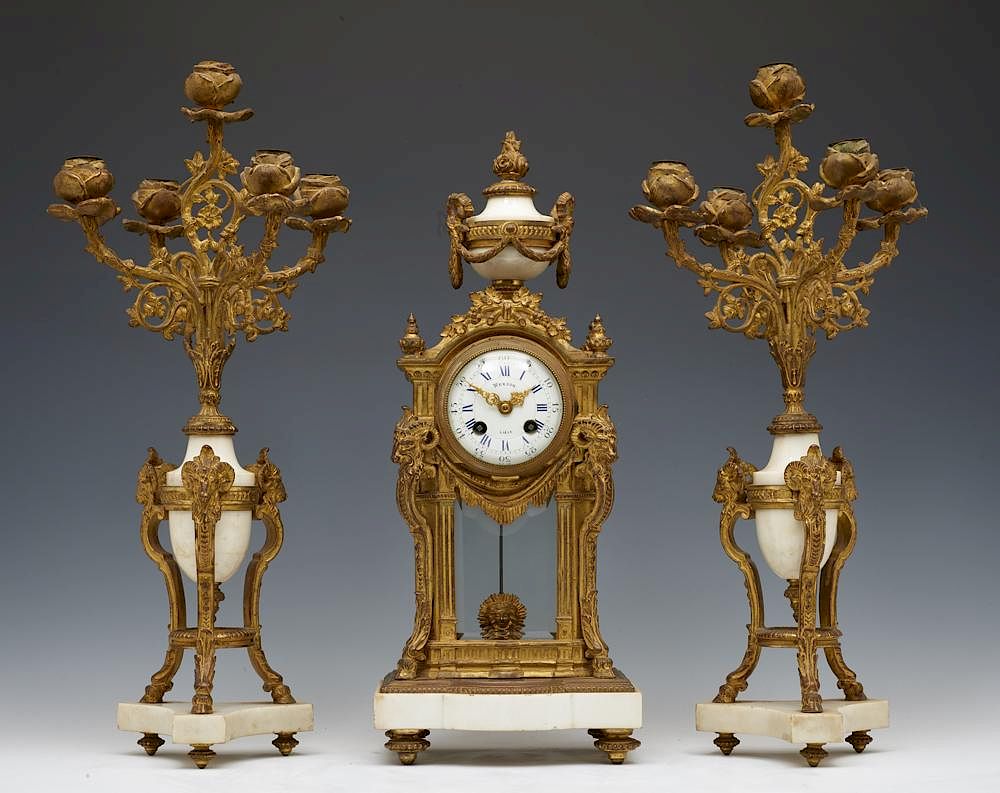 Appraisal: Pc French gilt bronze and marble clock and garniture set