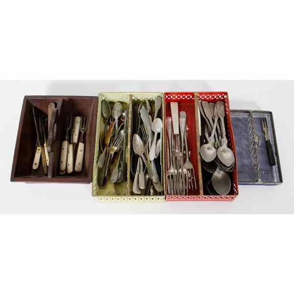 Appraisal: Dollhouse Kitchen Utensils Four utensil trays one a wooden knife