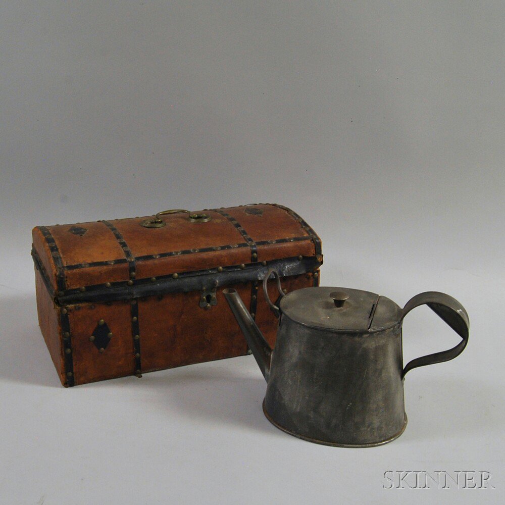 Appraisal: Leather Dome-top Box and a Shaker Tin Teapot th century