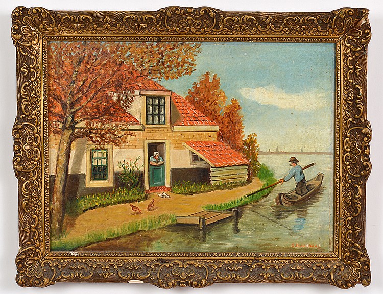 Appraisal: DUTCH SCHOOL TH CENTURY House on Canal with Two Figures