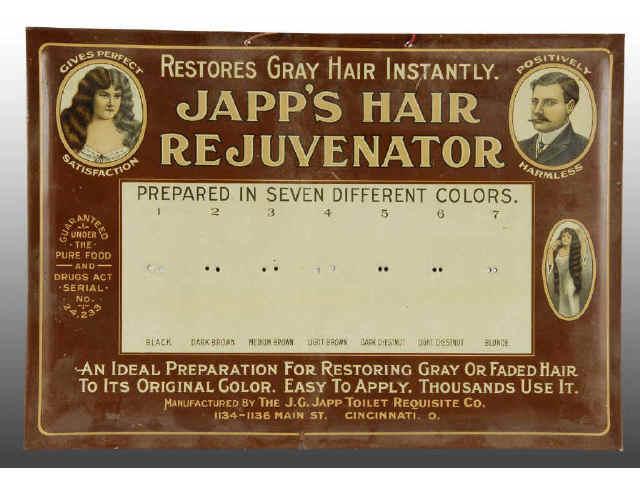 Appraisal: Japp's Hair Rejuvenator Sign Description Circa Tin-over-cardboard Fairly deep central