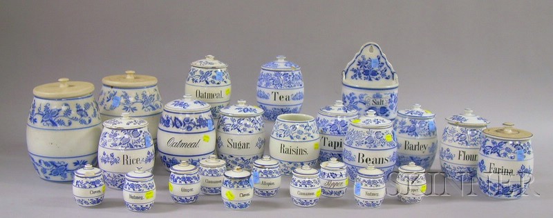 Appraisal: Twenty-four German Blue and White Stencil Decorated Ceramic Kitchen Cannisters