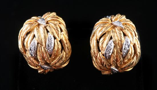 Appraisal: PAIR K YELLOW AND WHITE GOLD DIAMOND LEAF CLUSTER DESIGN