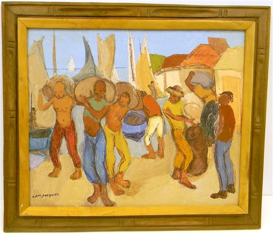 Appraisal: Carlo Jean Jacques Haitian - acrylic on canvas ''Men Working