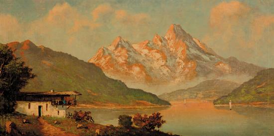 Appraisal: Continental school th century ALPINE LAKE oil on canvas framed