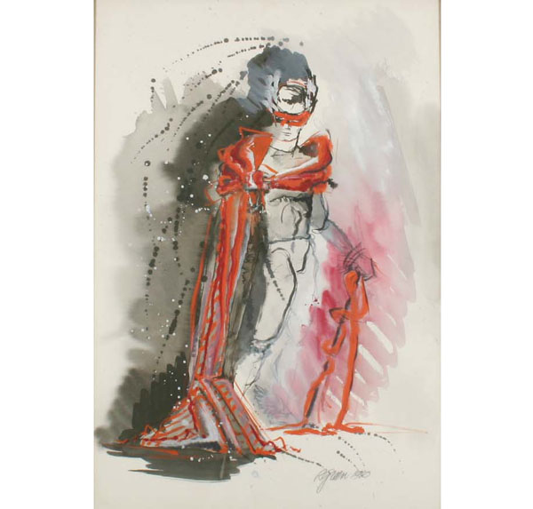 Appraisal: R Green vintage costume study design illustration of a superhero