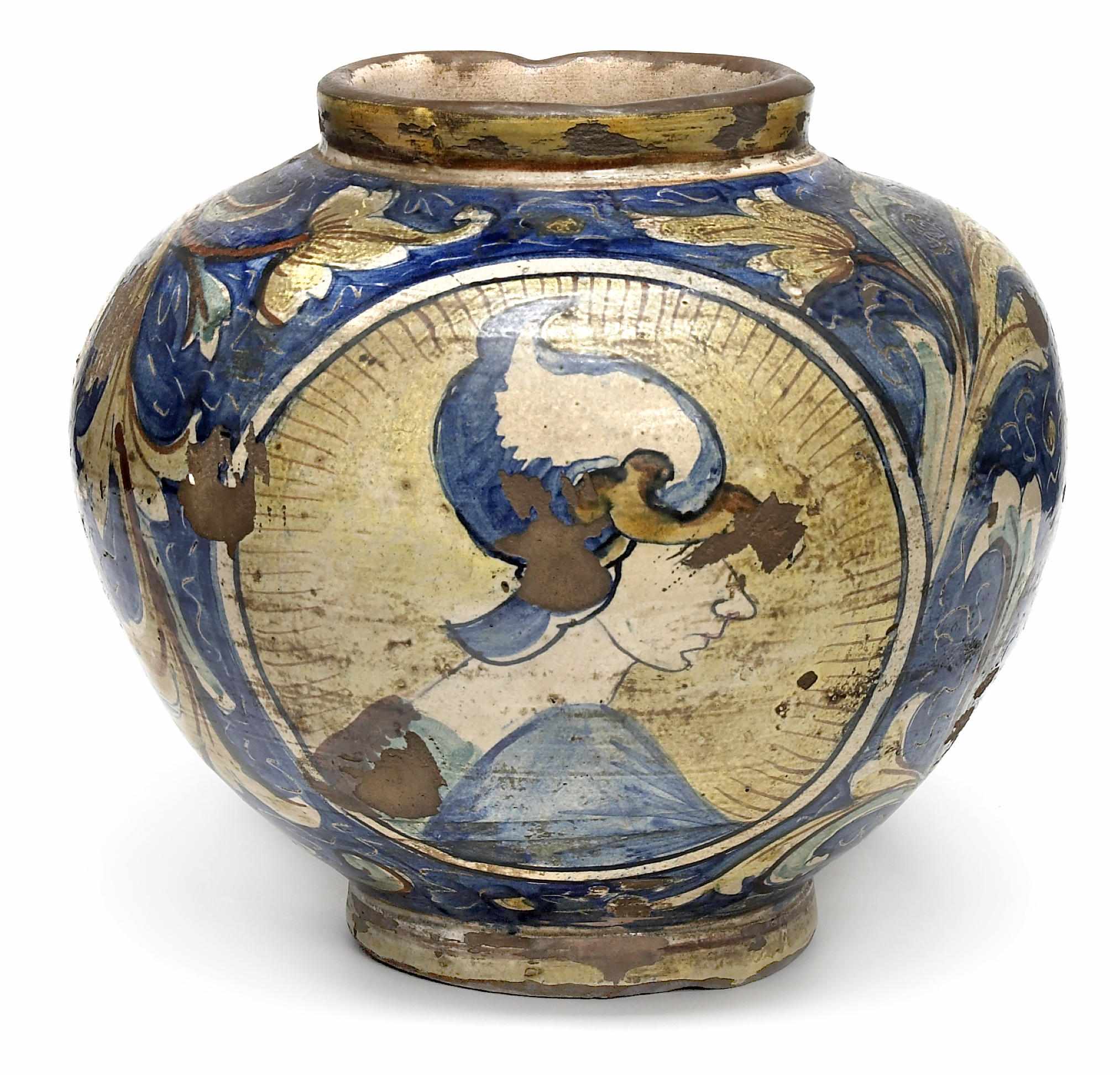 Appraisal: A Sicilian maiolica jar probably th century Of squat ovoid