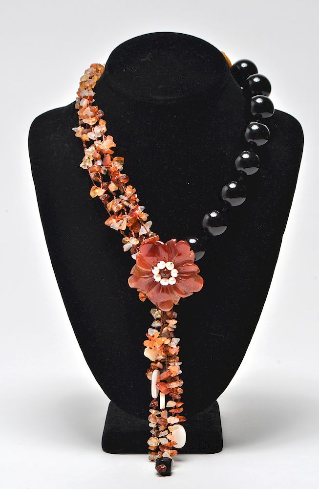 Appraisal: Carnelian Floral Motif Black Onyx Beads Necklace Carnelian carved floral