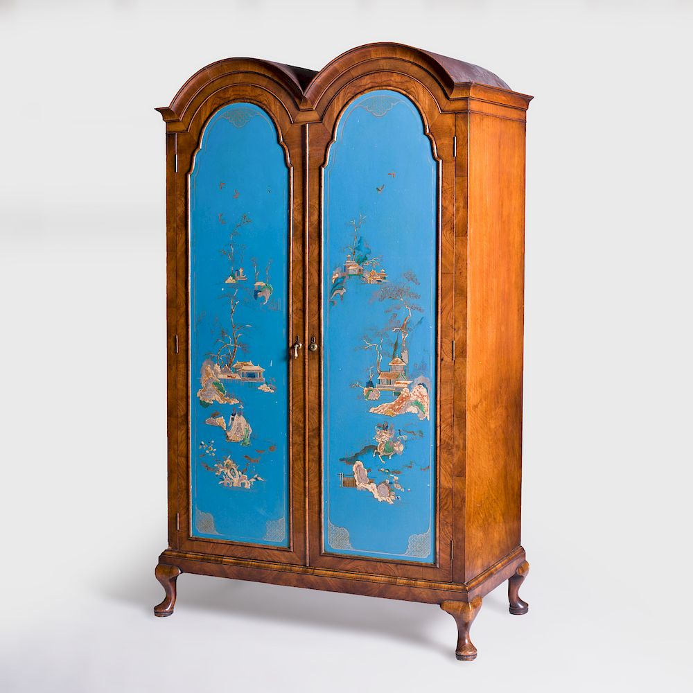 Appraisal: Dutch Rococo Style Walnut and Blue Lacquer Armoire Fitted with