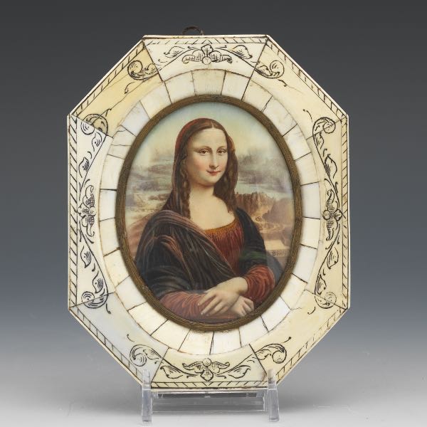 Appraisal: MINIATURE PORTRAIT OF THE MONA LISA IN A BONE FRAME