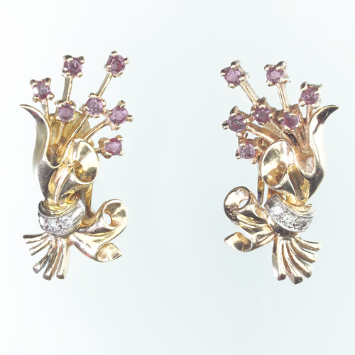 Appraisal: RETRO Rose gold ear clips with rubies and diamonds in