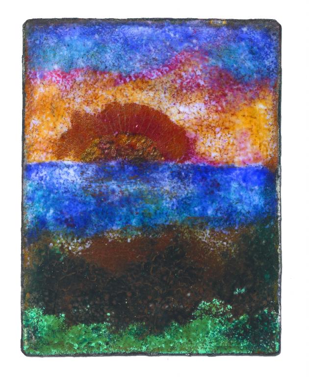 Appraisal: A PAINTED ENAMEL PLAQUE OF THE SETTING SUN BY MABEL