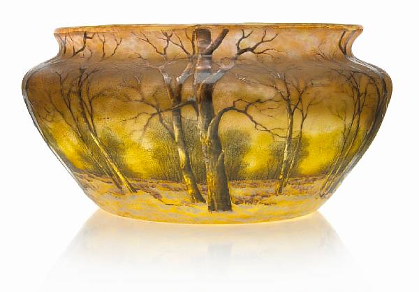 Appraisal: A Daum Nancy acid-etched enameled glass winter landscape bowl circa