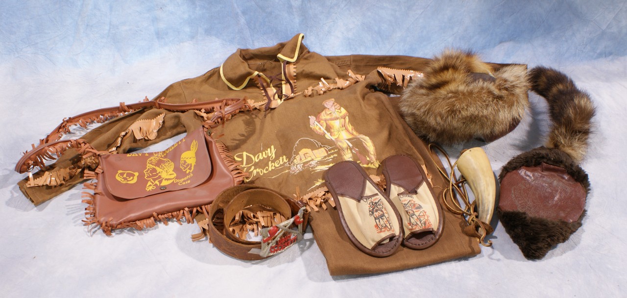 Appraisal: Davy Crockett vintage costume including fringed shirt pants powder horn