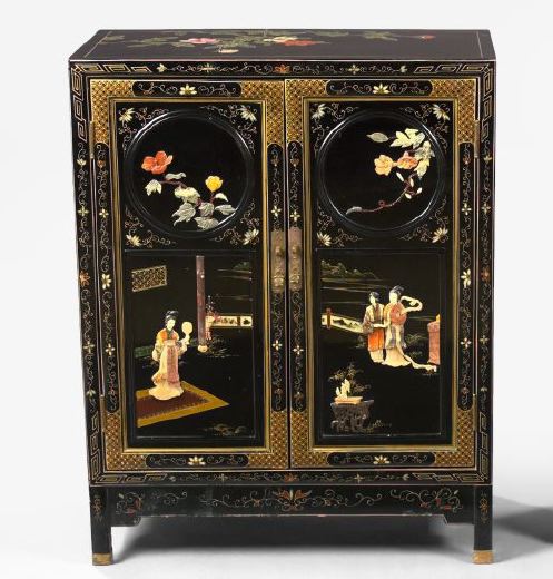 Appraisal: Chinese Polychromed Parcel-Gilt and Soapstone-Decorated Black Lacquer Cabinet with floral