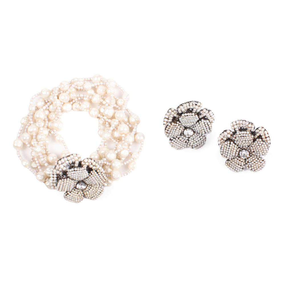 Appraisal: MIRIAM HASKELL MULTI STRAND FAUX PEARL BEADED BRACELET AND EARRING