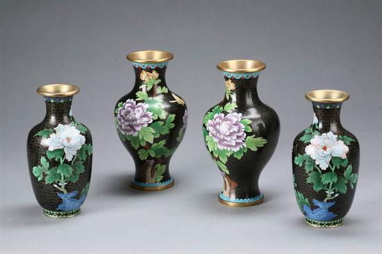 Appraisal: TWO PAIR OF BLACK CLOISONNE VASES One pair is cylindrical