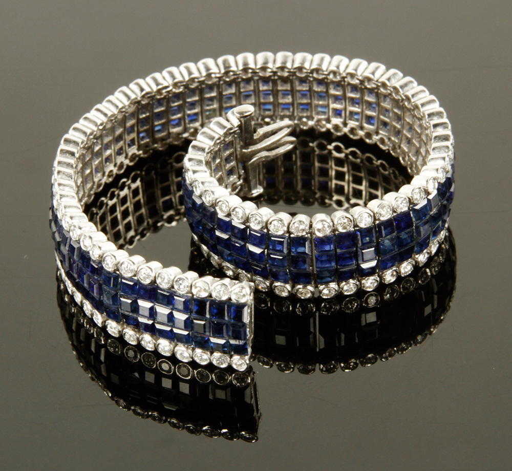 Appraisal: - Platinum Diamond and Sapphire Bracelet Platinum diamond and sapphire