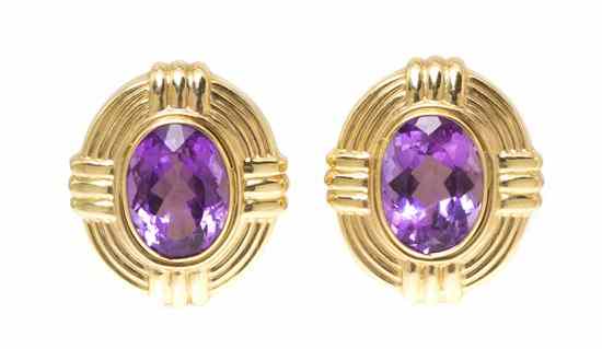 Appraisal: A Pair of Karat Yellow Gold and Amethyst Earclips containing