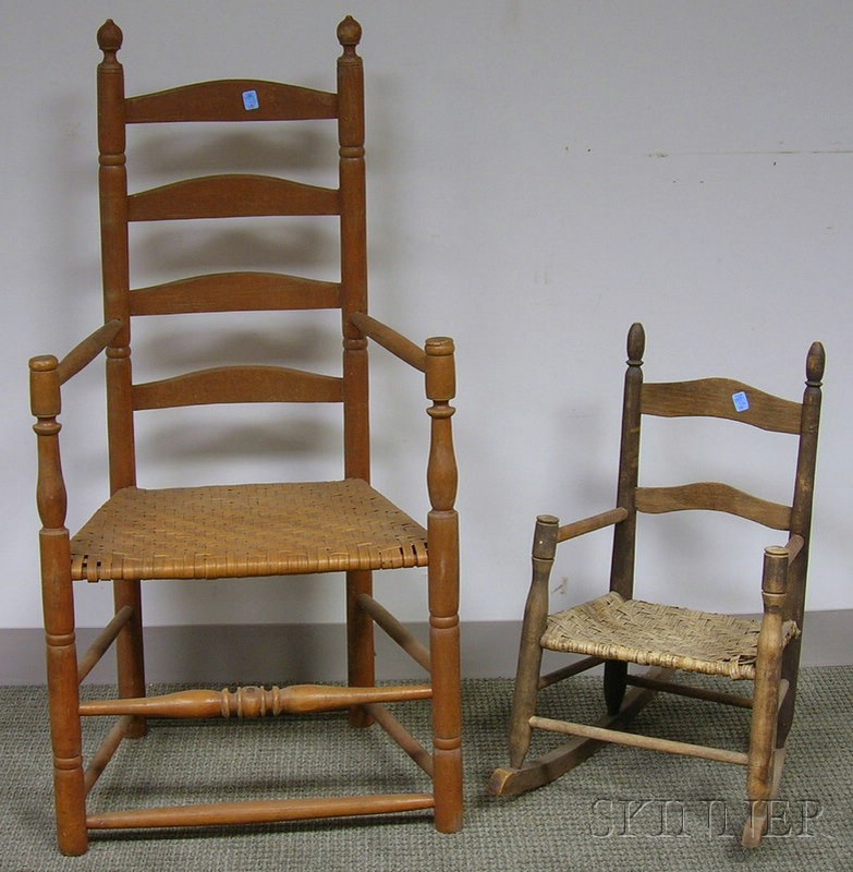 Appraisal: Red-painted Ladder-back Armchair and a Child's Black-painted Slat-back Armrocker both