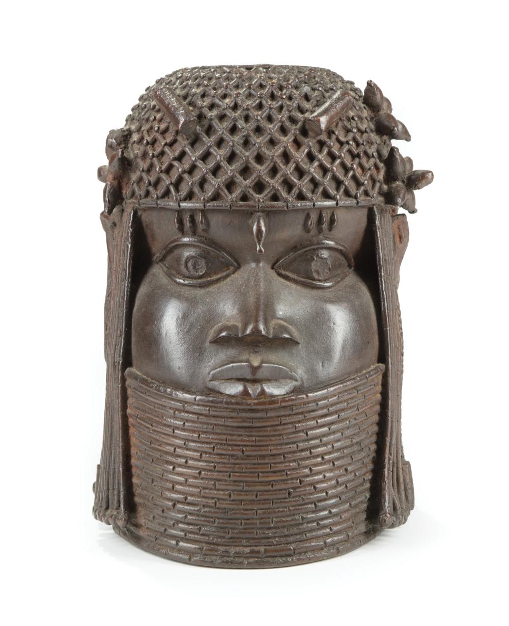 Appraisal: African Benin-Style Bronze Head of an Oba basket weave crown