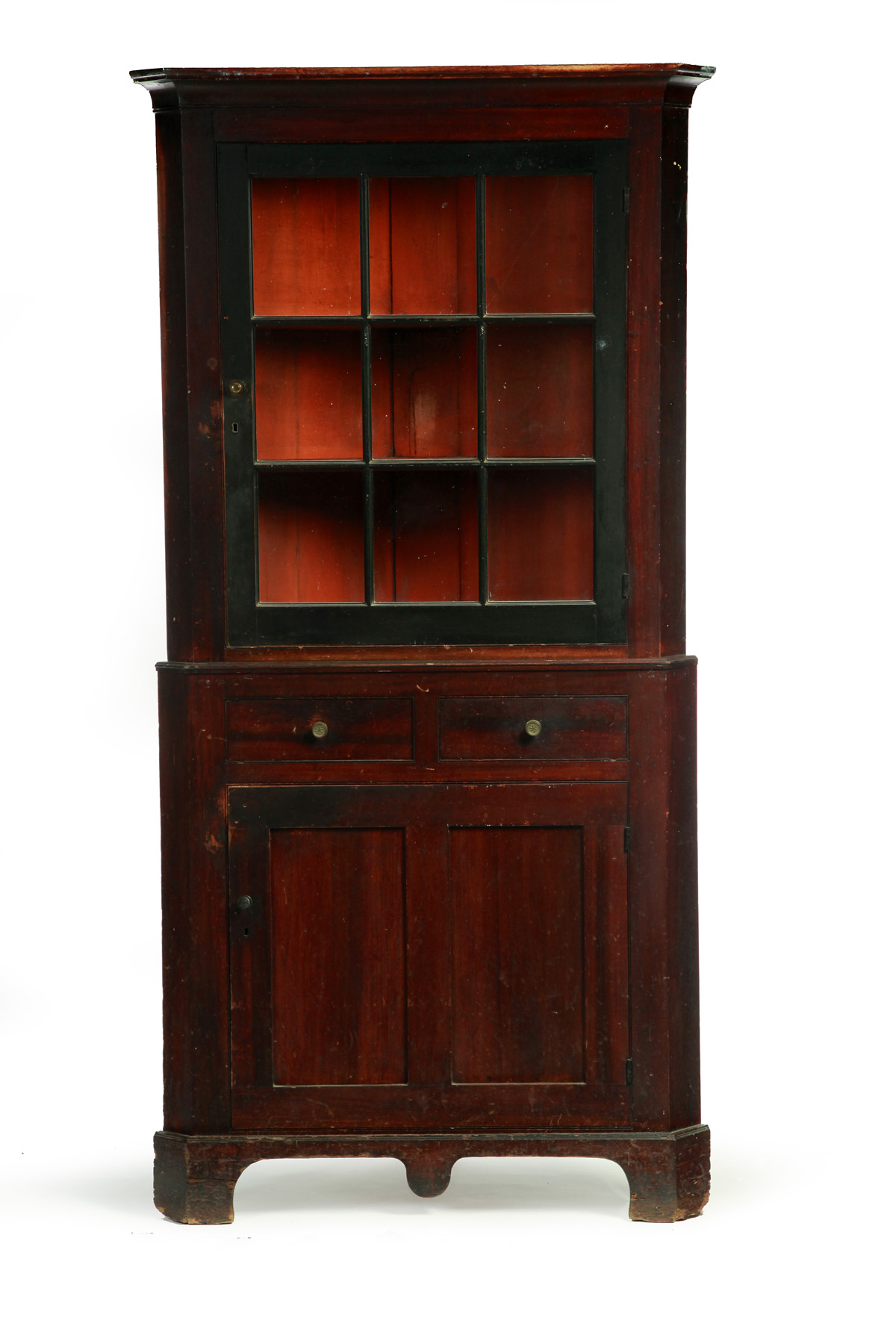 Appraisal: AMERICAN DECORATED CORNER CUPBOARD Second-quarter th century pine Two piece