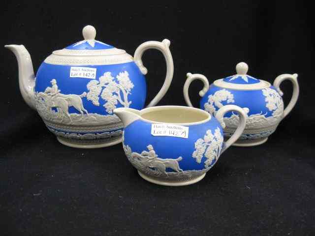 Appraisal: pc Copeland Spode Jasperware Tea Set fox hunt scenes ivory