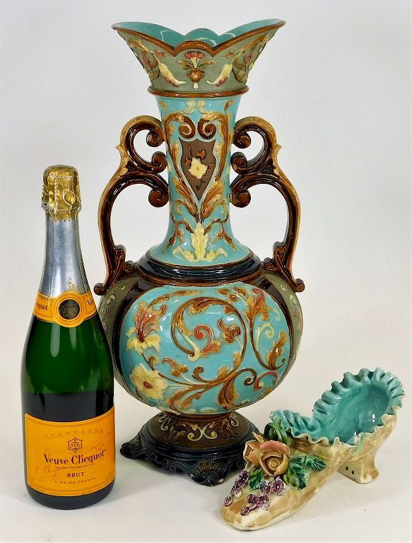 Appraisal: PC Schiller Barbotine Majolica Flower Shoe Vases Bohemia France Late