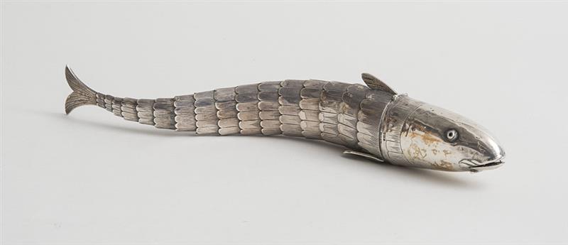 Appraisal: CONTINENTAL SILVER ARTICULATED FISH-FORM SPICE BOX With four Continental poincons