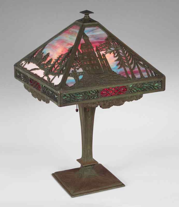 Appraisal: BRADLEY HUBBARD SCENIC LANDSCAPE SLAG GLASS TABLE LAMP Filigree metal