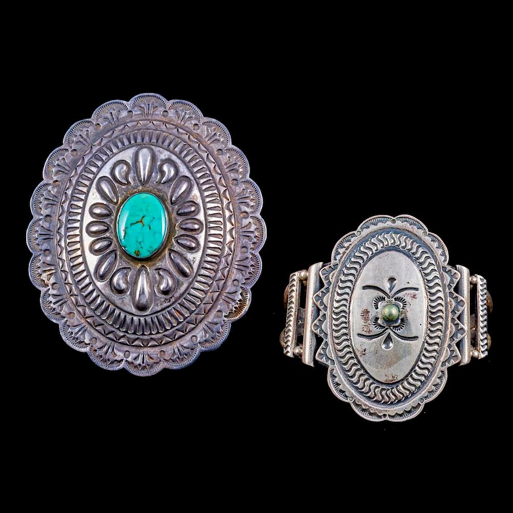 Appraisal: NAVAJO CUFF BRACELETS Two old pawn turquoise and silver cuff