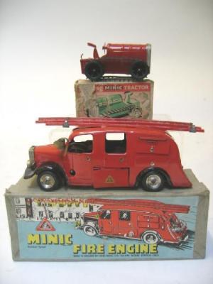 Appraisal: Two Minic clockwork toys comprising streamlined Fire Engine with ladder