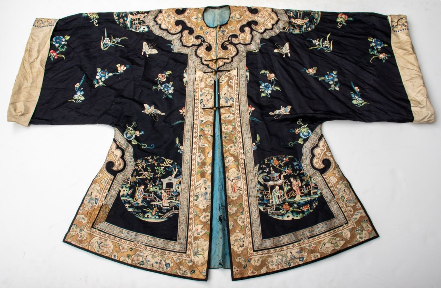 Appraisal: CHINESE SILK EMBROIDERED ROBE Chinese silk embroidered robe with gold-tone