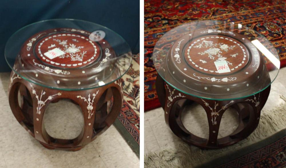 Appraisal: PAIR OF ROUND GLASS-TOP ROSEWOOD OCCASIONAL TABLES each a Chinese