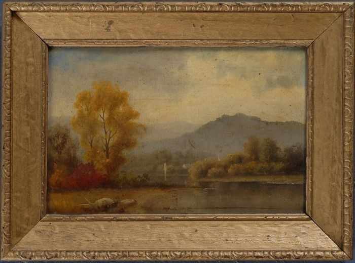 Appraisal: AMERICAN SCHOOL PAIR OF AUTUMN RIVER LANDSCAPES Oil on artistboard