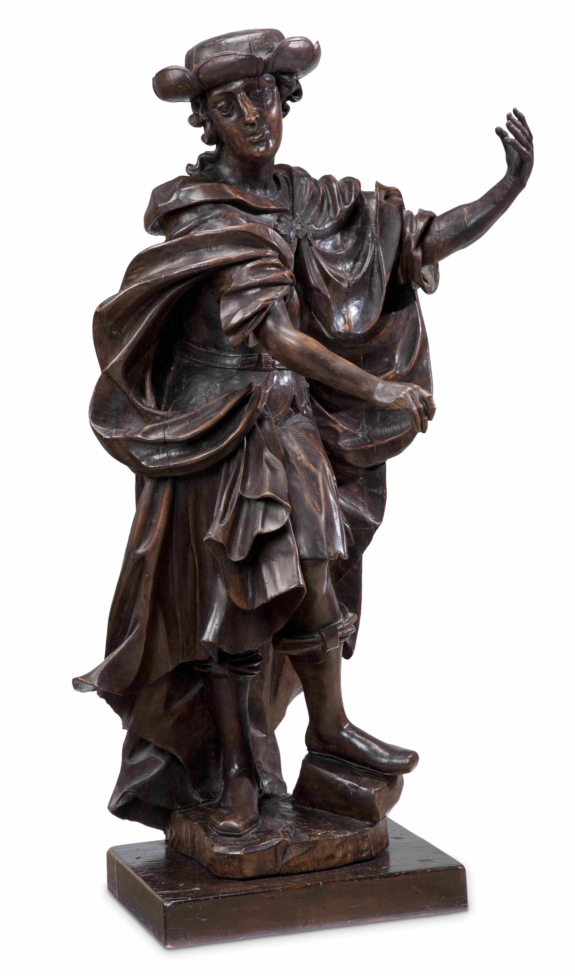 Appraisal: A Continental Baroque carved walnut figure of a strolling minstrel