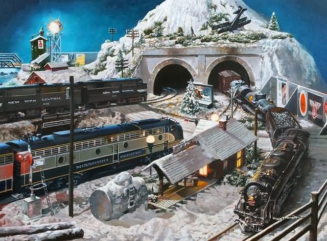 Appraisal: Nocturnal winter scene with trains at edge of mountain tunnel