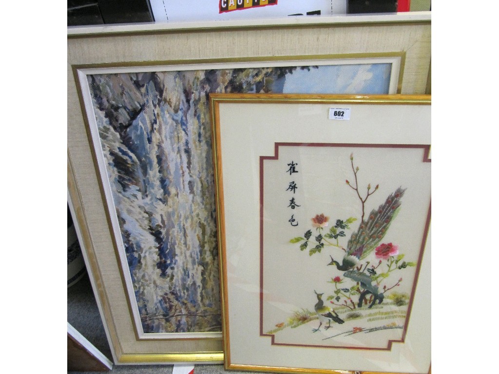 Appraisal: Lot comprising framed oil on board landscape and silk embroidery