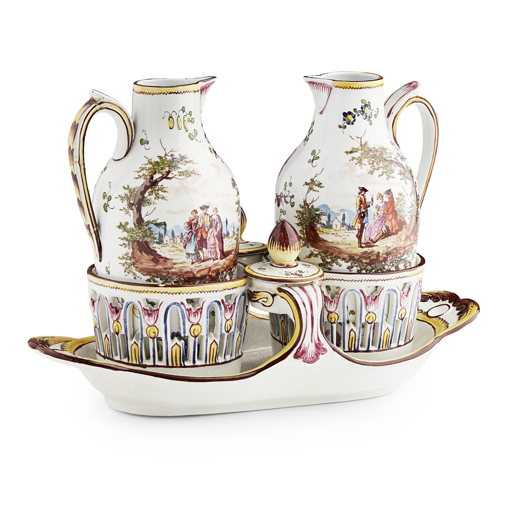 Appraisal: FRENCH FAIENCE CRUET SET AFTER VEUVE PERRIN LATE TH CENTURY