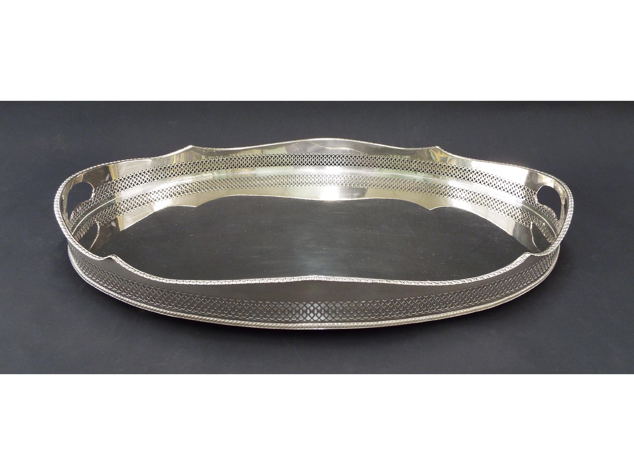 Appraisal: Good large oval silver plated gallery tray with pierced geometric