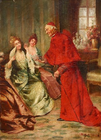 Appraisal: TH C GENRE PAINTING OF CATHOLIC CARDINAL AMUSING SEVERAL LADIES