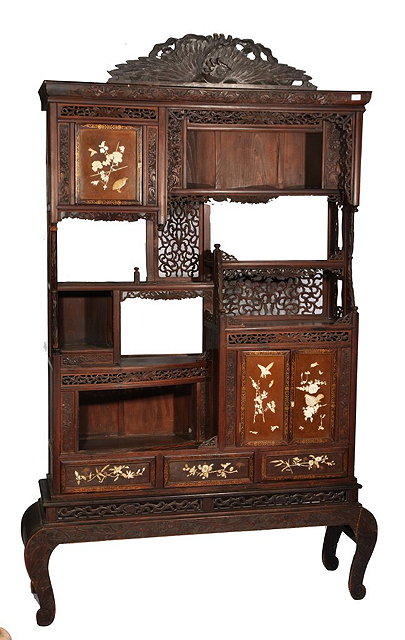 Appraisal: A JAPANESE CARVED SHODANA with overlaid lacquer panels carved fretwork