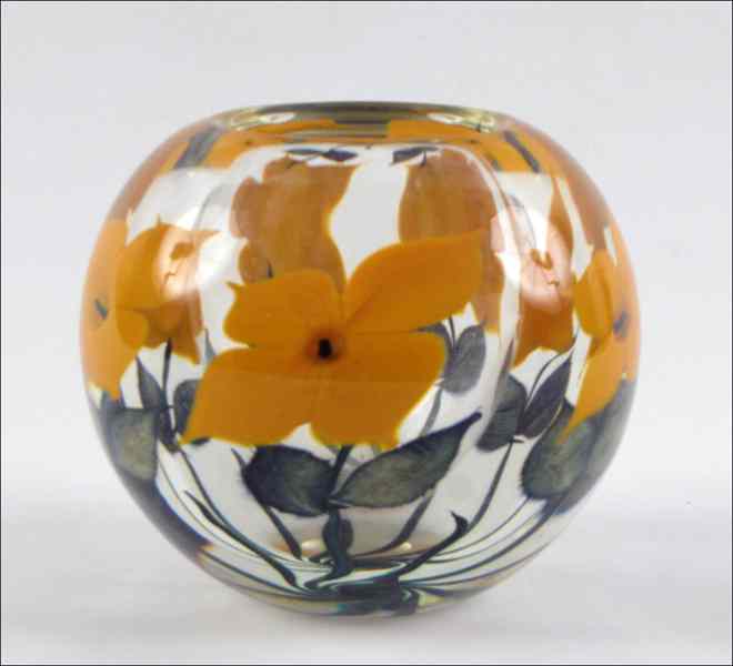 Appraisal: DANIEL LOTTON ORANGE FLORAL GLASS BOWL Signed and dated ''