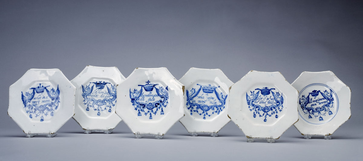 Appraisal: SET OF SIX ENGLISH DELFT BLUE AND WHITE 'MERRYMAN' PLATES