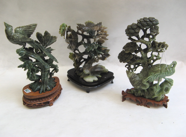 Appraisal: THREE CHINESE HARDSTONE SCULPTURES of a variety of birds and