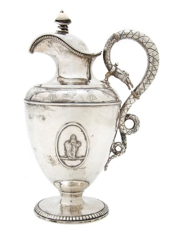 Appraisal: Russian Silver Pitcher of baluster form having snake handle with